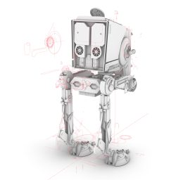 Arctic render of the AT-ST model with some of the ghost lines overlaid in red.