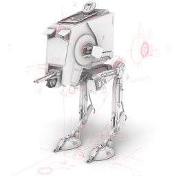Arctic render of the AT-ST model with Ghost Lines visible in red.