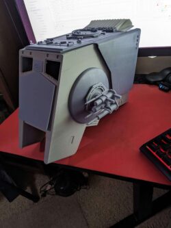 3/4 isometric right view of the FDM printed cabin core with the resin detail parts test fit for the 6