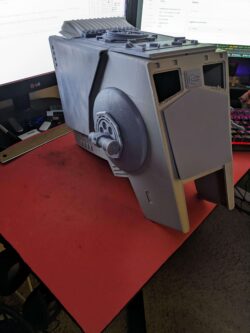 3/4 isometric left view of the FDM printed cabin core with the resin detail parts test fit for the 6