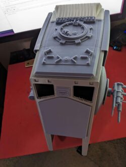 Top down isometric view of the FDM printed cabin core with the resin detail parts test fit for the 6