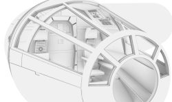 Arctic render of the Millennium Falcon cockpit interior detail shot with cover in place.