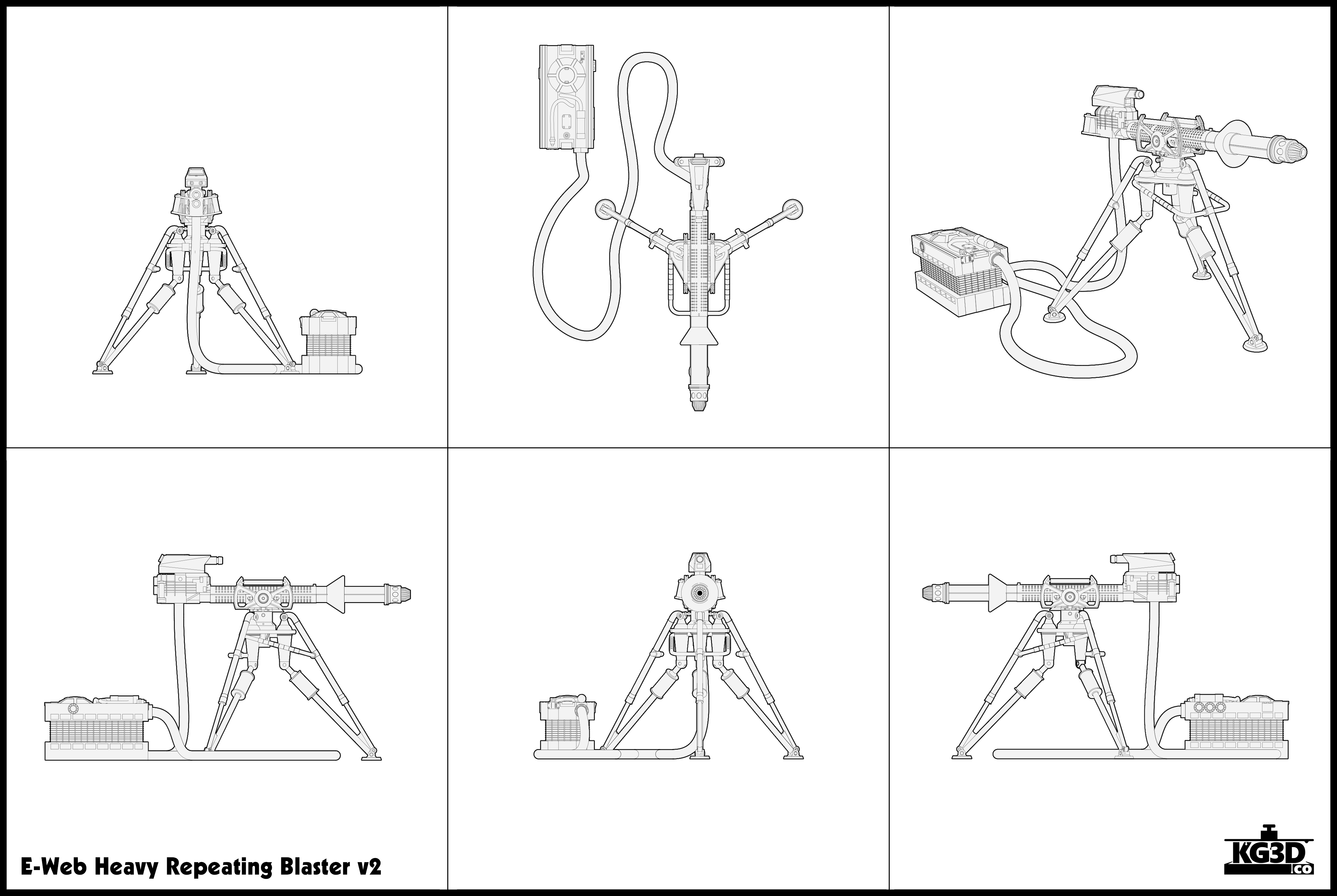 6 view blueprint of my E-Web Heavy Repeating Blaster 3D model