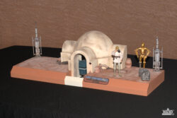 3/4 diagonal shot of the completed Lars Homestead diorama from the front right side.
