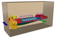 This is a render of the Skiff in a box representing the inside dimensions of my Billy book shelf. This shows how much I will need to trim off the tail to make it fit.